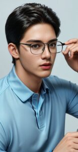 Young man in a pale blue polo shirt lifting his glasses slightly with both hands (淡い青色のポロシャツを着た若い男性が両手でメガネを少し持ち上げている)