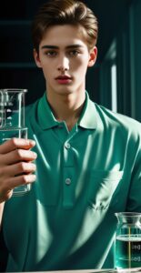 Young man in a green polo shirt carefully lifting a beaker filled with green liquid (緑のポロシャツを着た若い男性が緑色の液体が入ったビーカーを慎重に持ち上げている)
