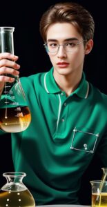Young scientist in a dark green shirt wearing glasses, holding a beaker with yellow liquid over a table (濃緑色のシャツと眼鏡をかけた若い科学者がテーブルの上で黄色い液体の入ったビーカーを持っている)