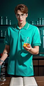 Young researcher in a turquoise shirt standing at a lab table, holding a beaker and referencing an open book (ターコイズ色のシャツを着た若い研究者がビーカーを持ちながら開いた本を参照している)