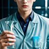 Young male chemist in a light blue lab coat holding a transparent beaker in a laboratory （ライトブルーの白衣を着た若い男性化学者が実験室で透明なビーカーを持っている）