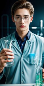 Young male chemist in a light blue lab coat holding a transparent beaker in a laboratory (ライトブルーの白衣を着た若い男性化学者が実験室で透明なビーカーを持っている)