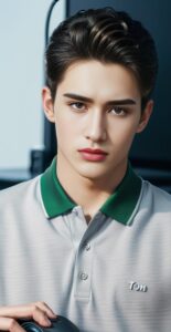 Young man in a gray and green polo shirt resting hand on a computer mouse in front of a monitor (グレーと緑のポロシャツを着た若い男性がモニター前でコンピュータマウスに手を添えている)