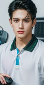 Young man in a white polo shirt gently holding a black computer mouse on a desk (白いポロシャツの若い男性が黒いコンピュータマウスを机の上で優しく握っている)
