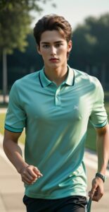 Man in a light green shirt jogging forward with purposeful arm movement (ライトグリーンのシャツを着た男性が、意図的に腕を振りながら前方へ走っている)