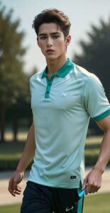 Runner in a pale sports shirt jogging with strong arm swings outdoors (薄いスポーツシャツを着たランナーが、屋外で力強く腕を振ってジョギングしている)