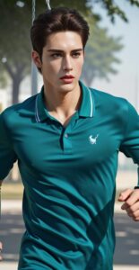 Athletic man running on a path with sharp arm motion and focused gaze (運動的な男性が小道を走りながら、鋭く腕を振り集中した視線を向けている)