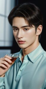 Close-up of a young man in mint-colored polo shirt gracefully cooling tea with a soft breath (ミント色のポロシャツを着た若い男性が優雅にお茶に息を吹きかけているクローズアップ)