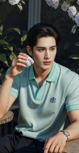 Stylish man in a mint green polo shirt holding a Japanese-style teacup in a serene outdoor setting (ミントグリーンのポロシャツを着たスタイリッシュな男性が静かな屋外で和風の湯呑を持っている)