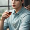 Young man in a light aqua shirt gently blowing on a cup of tea, seated at a wooden table （ライトアクア色のシャツを着た若い男性が木製テーブルに座り、お茶に優しく息を吹きかけている）