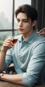 Young man in a light aqua shirt gently blowing on a cup of tea, seated at a wooden table (ライトアクア色のシャツを着た若い男性が木製テーブルに座り、お茶に優しく息を吹きかけている)