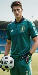 Goalkeeper in green jersey holding a soccer ball with one hand during a match （緑のユニフォームを着たゴールキーパーが試合中に片手でサッカーボールを持っている）