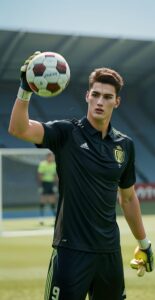 Soccer goalie in dark kit mid-throw with intense focus on the field （暗色のユニフォームを着たサッカーのゴールキーパーがフィールドに集中しながらボールを投げる途中）