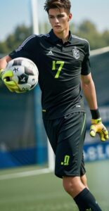 Young male goalkeeper in black uniform preparing to throw a soccer ball with one hand （黒いユニフォームを着た若いゴールキーパーが片手でサッカーボールを投げようとしている）