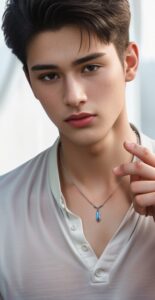 Close-up of a man in a white open-collar shirt holding a silver necklace near his collarbone (白い開襟シャツの男性が鎖骨のあたりでシルバーネックレスをつまんでいるクローズアップ)