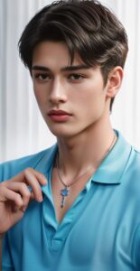 Man in a light blue polo shirt gently lifting a cross pendant necklace with his fingertips (水色のポロシャツを着た男性が指先でクロスのネックレスを持ち上げている)
