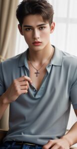 Stylish young man in a gray shirt touching a necklace pendant under his partially opened collar (グレーシャツのスタイリッシュな若い男性が襟元からのぞくネックレスのペンダントに触れている)
