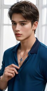 Young man in a navy shirt delicately pinching a blue crystal necklace pendant with his fingers (ネイビーシャツの若い男性が青いクリスタルのネックレスを指で繊細につまんでいる)