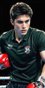 Young man in a dark green sports shirt throwing a right hook while wearing red boxing gloves (ダークグリーンのスポーツシャツを着た若い男性が赤いボクシンググローブで右フックを放っている)