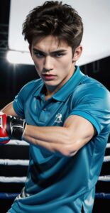 Young man in a turquoise shirt inside a boxing ring, delivering a focused straight punch with blue gloves (ターコイズシャツを着た若い男性がボクシングリング内で集中した表情で青いグローブのストレートパンチを放っている)