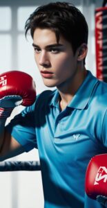 Young man in a light blue polo shirt wearing red gloves, mid-punch with intense gaze in the ring (ライトブルーのポロシャツを着た若い男性が赤いグローブで鋭い視線を向けながらパンチを繰り出している)