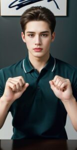 Man in a green polo shirt performing symmetrical sign language hand movements （緑色のポロシャツを着た男性が両手を使って対称的な手話動作をしている）