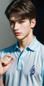 Young man in a light blue shirt delicately forming a sign with his left hand （水色のシャツを着た若い男性が左手で繊細な手話のサインを作っている）
