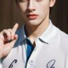 Young man in a white polo shirt making a sign language gesture with his right hand （白いポロシャツを着た若い男性が右手で手話のジェスチャーをしている）