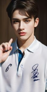 Young man in a white polo shirt making a sign language gesture with his right hand （白いポロシャツを着た若い男性が右手で手話のジェスチャーをしている）