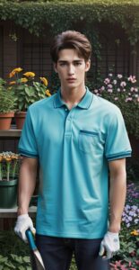 Man in a teal polo shirt holding a blue-handled trowel in a garden with potted flowers （青緑のポロシャツを着た男性が鉢花の並ぶ庭で青い柄のスコップを持っている）