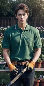 Young man in a green shirt wearing gloves and holding a spade among potted plants （緑のシャツを着て手袋をした若い男性が、鉢植えの植物の中でスコップを持っている）