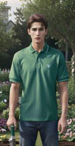 Young man in a green polo shirt holding garden shears in a flower-filled yard （緑のポロシャツを着た若い男性が花に囲まれた庭でガーデンシアーズを持っている）