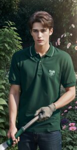 Man in a dark green polo shirt gripping a long-handled gardening hoe with gloves on （濃緑のポロシャツを着た男性が手袋をはめて長柄のガーデンホーを握っている）