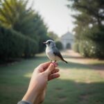 指に小鳥がとまっている構図、背景は広い庭園 / A small bird standing on a finger with a garden background