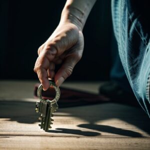 地面から片手で鍵を拾い上げるような構図 / A hand picking up a key from the ground