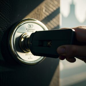 鍵を片手で持って鍵穴に差し込む瞬間の構図 / A hand inserting a key into a door lock