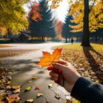 落ち葉の中で片手にオレンジ色の葉を持つ構図、背景に公園の風景 / A hand holding an orange autumn leaf with a park scene in the background