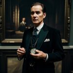 室内で片手に懐中時計を持ち、真正面を見つめる紳士 / A gentleman holding a pocket watch with one hand while staring straight ahead indoors