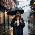 両手で傘の柄を持つが片手でも支えているように見える女性 / A woman appearing to support an umbrella with both hands, mainly using one hand