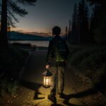 片手にランタンを持ち、湖に向かうキャンパーの後ろ姿 / A camper walking toward a lake with a lantern in one hand at dusk