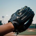 スタジアム背景で黒いグローブを片手に構える構図 / A black glove held in one hand with a stadium background