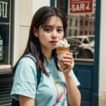 片手にアイスクリームを持ってカメラを見つめる若い女性の構図 / A young woman holding an ice cream cone in one hand and looking at the camera