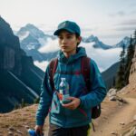 雪山を背景に片手で水筒を持つ若いハイカー / A young hiker holding a water bottle in one hand with snowy mountains in the background