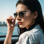 水辺でサングラスを持ち上げる女性の横顔 / Side profile of a woman by the water lifting sunglasses in one hand