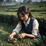 片手で丁寧に茶葉を並べている若い女性 / Young woman carefully arranging tea leaves with one hand