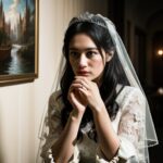 神妙な表情で指輪を見つめるベール姿の花嫁 / Bride in veil looking solemnly at a ring in her hand