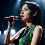 緑のドレスを着た女性が片手でマイクを持ち、スポットライトの下で歌っている / Woman in green dress singing under spotlights with a microphone in one hand