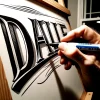 この画像には、手書きで「DALL·E」という文字がボードに書かれている様子が写っています。手はマーカーを持っており、その先端がボードの表面に触れていることがはっきりと見えます。写真は作業のクローズアップであり、手やマーカー、そして文字の一部が鮮明に映されています。「DALL·E」という文字は大きく、装飾的な書体で書かれており、特に「D」と「A」の文字が目立っています。マーカーは白いキャップを持つもので、ブランド名が逆さに読めるように写っています。画像は室内で撮影されたもので、背景には部屋の一部やドアがぼんやりと見えますが、焦点は手元の作業に合わせられています。手は安定した筆記を行うための正しい位置でマーカーを握っており、非常に注意深く、細部にわたる装飾を施す工程が示されています。DALL-Eを使うことでこのような画像を生成することができることを示しています。