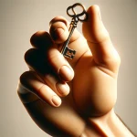 片手で鍵をしっかりと握り締めている構図 / A hand firmly gripping an old key in one hand