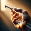 片手で古い鍵を持ち、夕日を背景にしている構図 / A single hand holding an old key with a sunset background